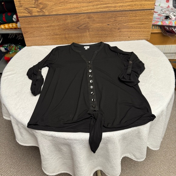 Dressbarn size small Black faux button Women's Top roll tab sleeves - Picture 2 of 10